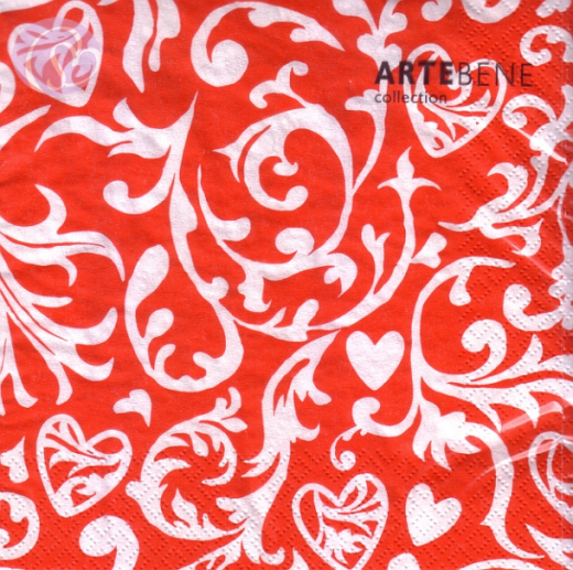 Lunchservietten Herzornament, rot/weiß