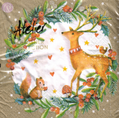 Lunchservietten Eichhörnchen und Hirsch im weihnachtlichen Kranz